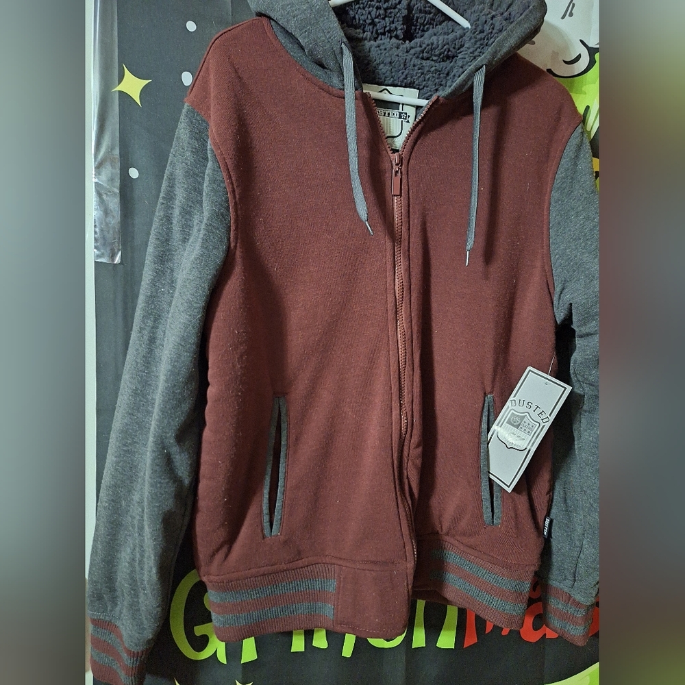 Size M-New Dusted Brown Burgundy & Charcoal Fleece Jacket. Lightweight  & Cozy.